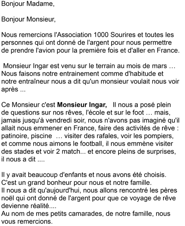 <center>"S'envoler vers le Rêve ..."  <br> Le mot des enfants, du président de 1000 Sourires et des  parrains....