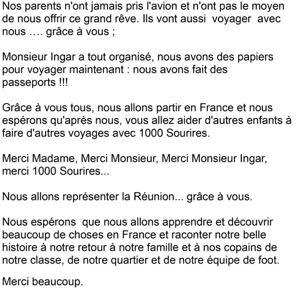 <center>"S'envoler vers le Rêve ..."  <br> Le mot des enfants, du président de 1000 Sourires et des  parrains....