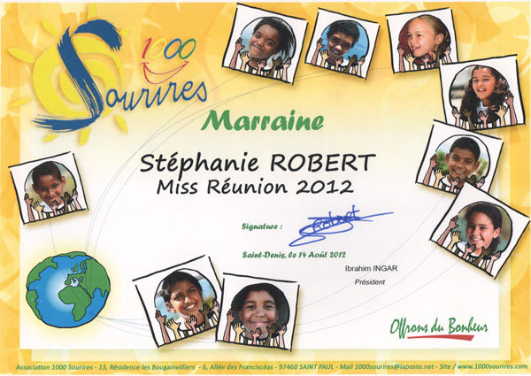 <center>Stéphanie Robert,  Miss Réunion 2012 <br>Marraine de 1000 Sourires