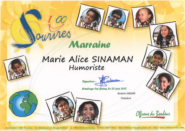 <center>Marie-Alice Sinaman, Humoriste <br> Marraine de 1000 Sourires