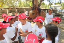 <center>Les marmailles de 1000 Sourires découvrent <br>en V.I.M.  les poneys en compagnie de Miss Réunion